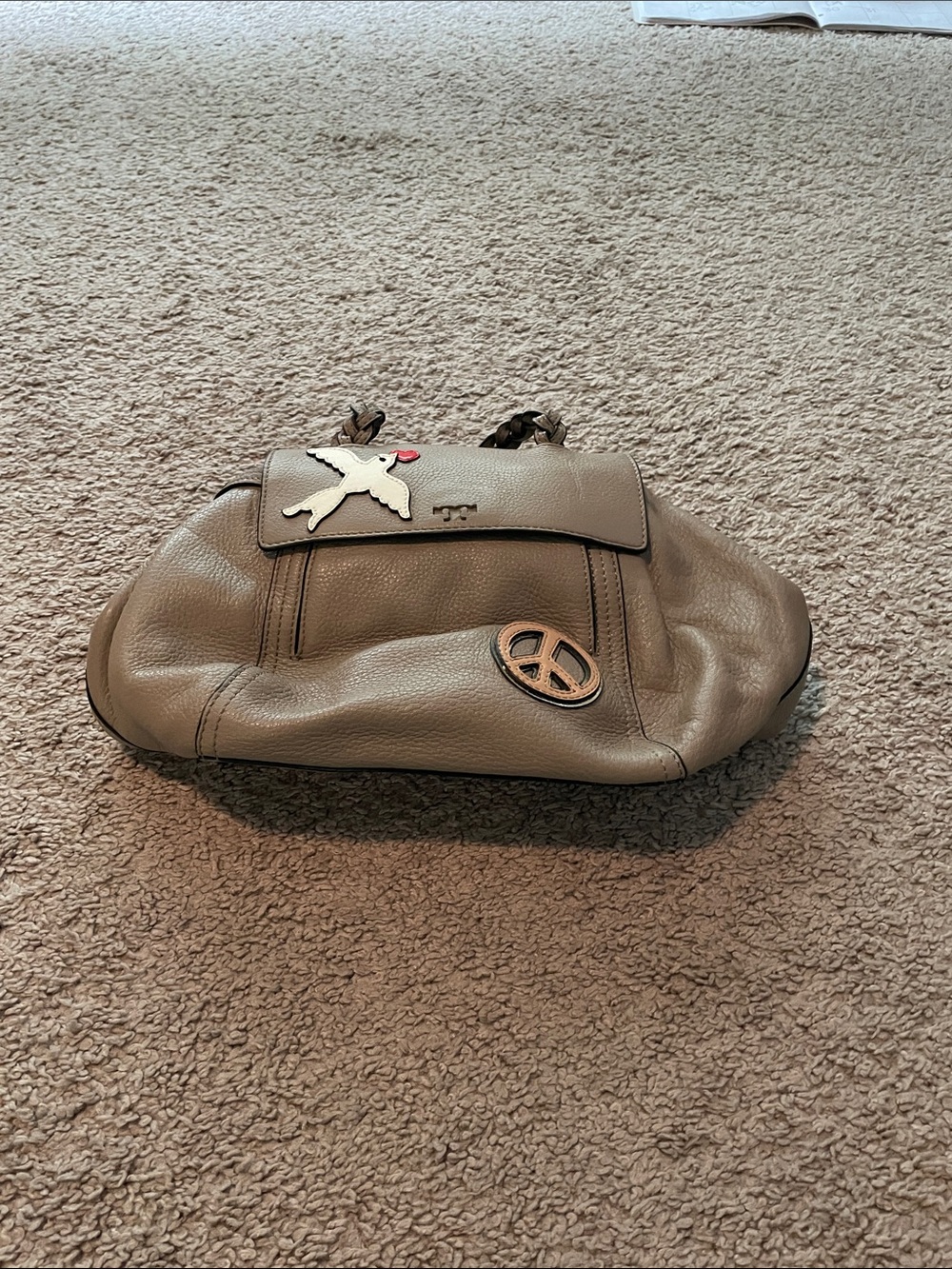 Tory Burch Taupe Pebbled Leather Shoulder Bag with Peace Emblem